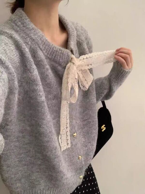 设计感蕾丝系带毛衣开衫女2025新款秋冬季慵懒风厚软糯针织外套|undefined