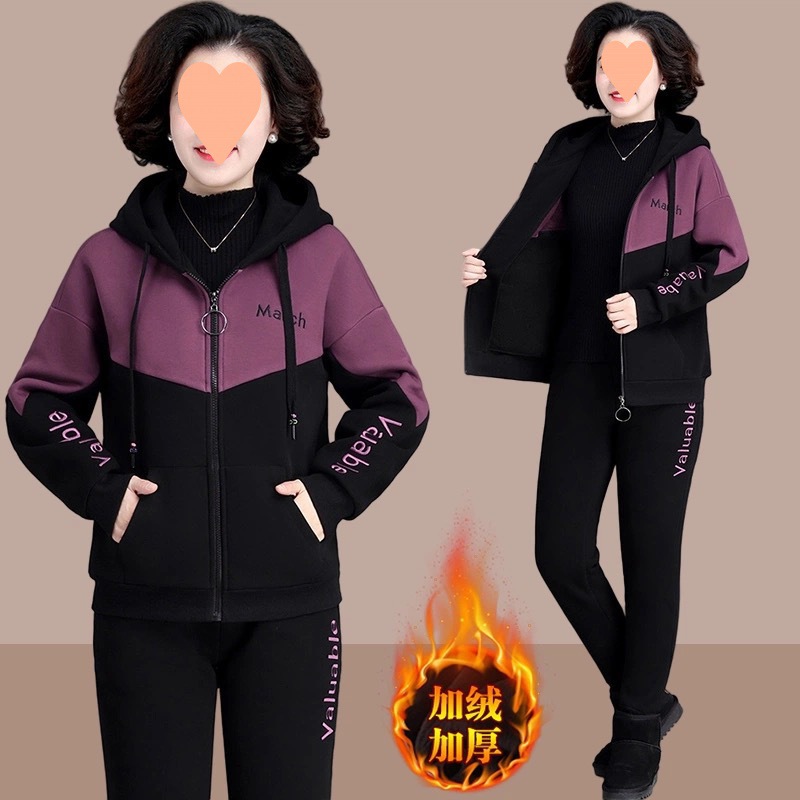 Middle and old age Plush thickening motion suit Autumn and winter middle age Mom outfit Western style coat Winter clothes leisure time Two piece set