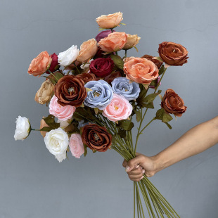 Simulation 3 -headed tea rose wedding plastic bouquet simulation fake peony flower silk flowers Brazilian rose wedding arrangement