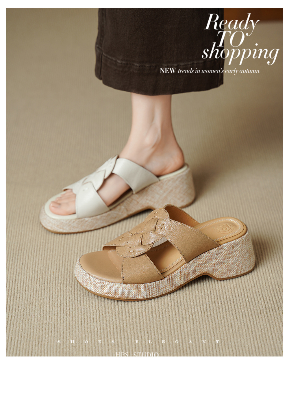 Sandal nữ da cừu gót xuồng hở mũi phong cách vintage — màu trắng ngà chi tiết 1