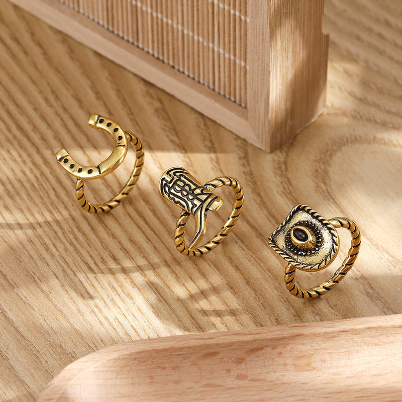 Cross-border European and American Retro Western Denim Style Alloy Denim Hat Boots Horseshoe Women's Ring suit for Daily Use