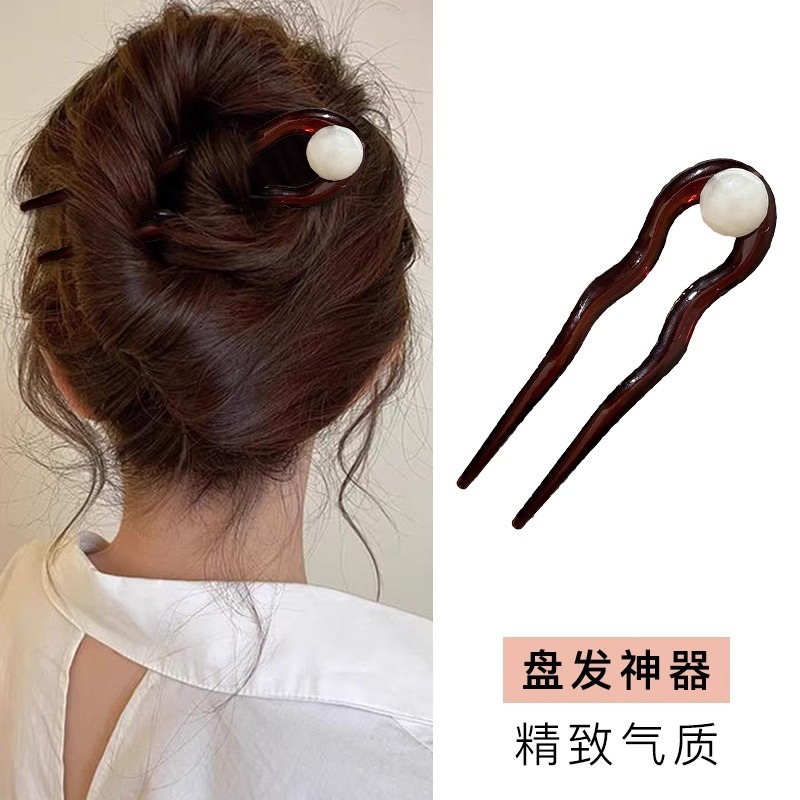 Horquilla en forma de U de ácido acético de cuentas redondas para mujer 2025 nueva horquilla de sentido avanzado