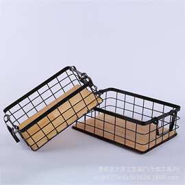 北欧风双耳长方厨房收纳铁篮提手篮铁艺篮铁丝实木底水果篮子橱柜
