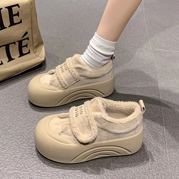 Женские меховые туфли на флисовой подкладке с круглым носком, утолщенные универсальные кроссовки на липучке, повседневные зимние кроссовки 2025 года, новые хлопковые женские туфли на толстой подошве
