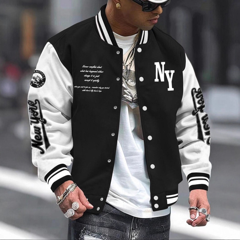 Men Letter Print Baseball Collar Bomber Jacket Loose Casual Sport Long Sleeve Varsity Jacket for Autumn Winter