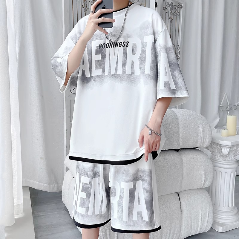 High-End Ice Silk Casual Sports Men's Suit 2025 New Summer Short-Sleeved T-Shirt Men's Cool and Handsome Wear with a Set