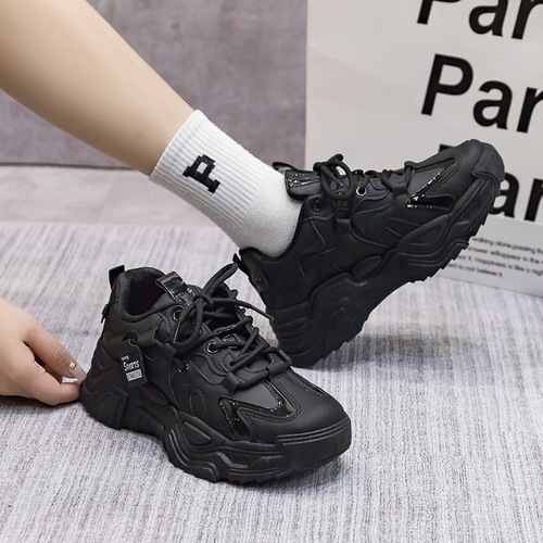 Sports shoes for women dad shoes for women  spring new style leather ins trendy versatile black thick-soled shoes
