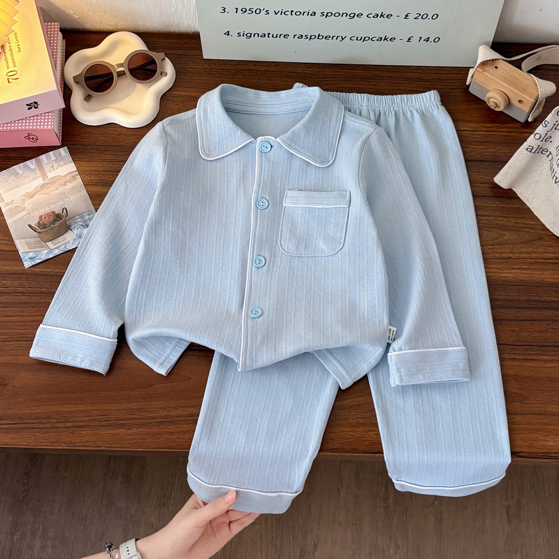 Spring, Autumn, Winter Children's Pure Cotton Homewear Set, Big Kids' Doll Collar Pajamas, Solid Color Loose Two-Piece Long Sleeve Set Spring, Autumn, Winter Children's Pure Cotton Homewear Set, Big Kids' Doll Collar Pajamas, Solid Color Loose Two-Piece Long Sleeve Set