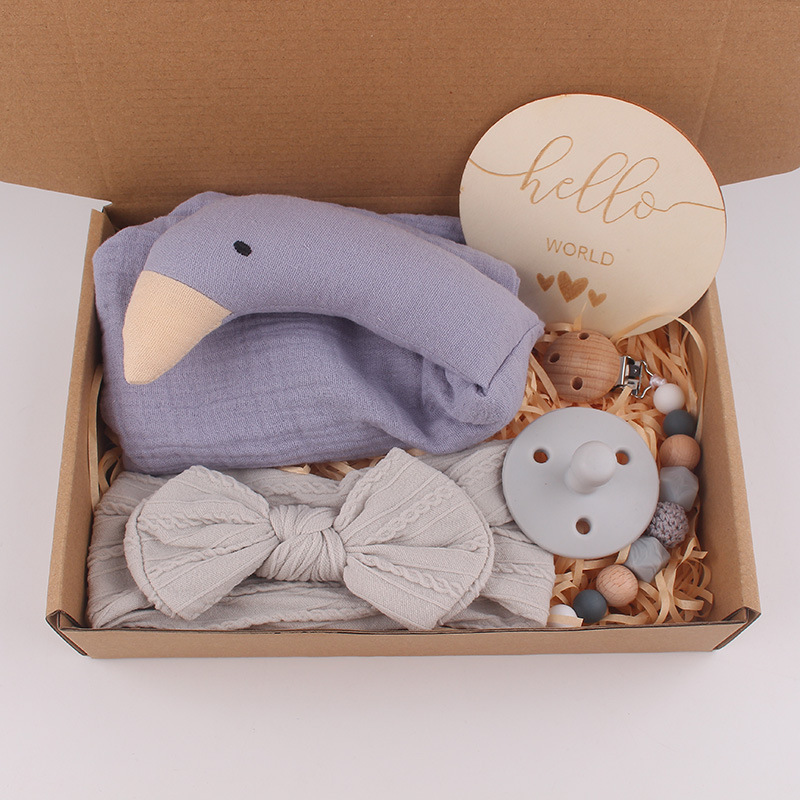 Baby algodón gaza toallas pacificantes marionetas cisne baby bow correa de cabello tetina cadena de cinco piezas caja