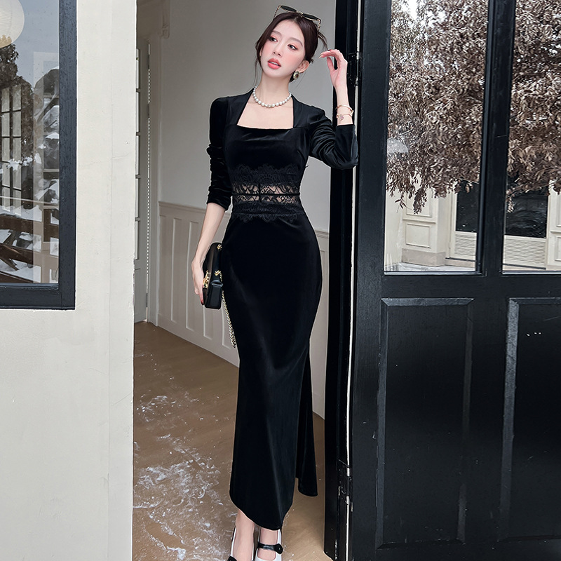 Actual Shot of Hepburn French Lace Hollow Design Elegant Slim Waist Hip-Hugging Dress Base Dress Gown Dress