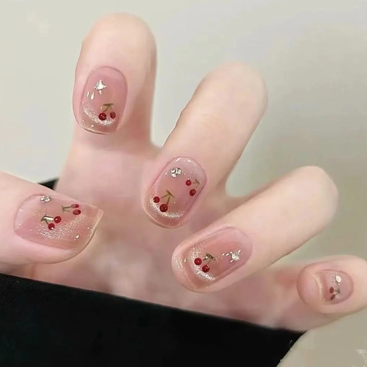 Diamante brillante adornado con armadura de desgaste simple y de moda 10 piezas de parche de uñas de cereza roja rosa claro ojo de gato manicura hecha a mano