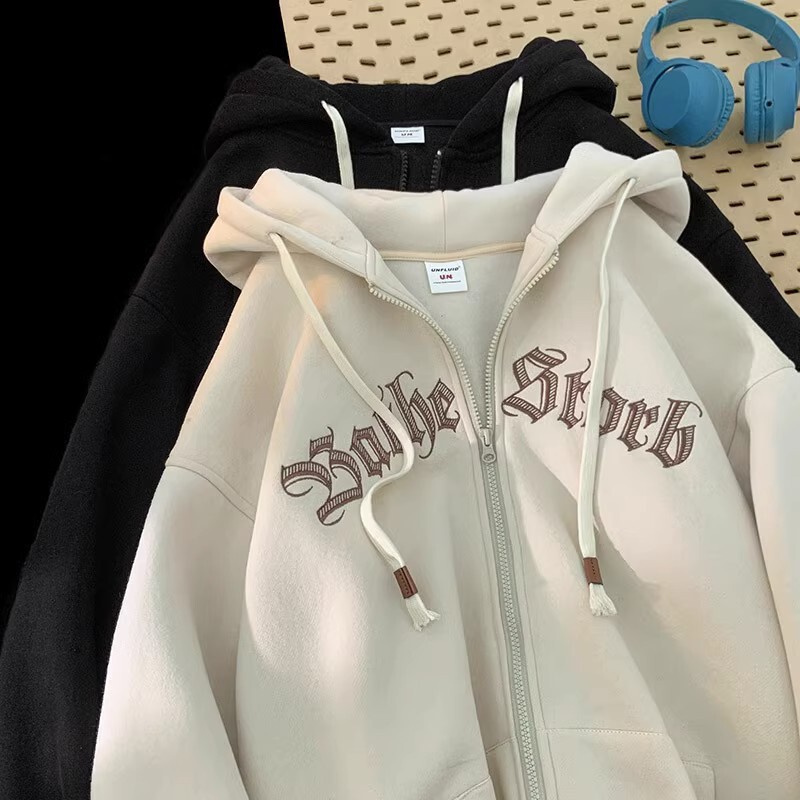 American Style Zipper Hooded Sweater Women's Spring and Autumn Hong Kong Style Loose Casual Jacket Trendy Couple Sports Cardigan Top for Men American Style Zipper Hooded Sweater Women's Spring and Autumn Hong Kong Style Loose Casual Jacket Trendy Couple Sports Cardigan Top for Men
