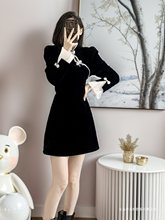 新中式改良版旗袍黑色连衣裙2025秋新款女装法式内搭裙子6328