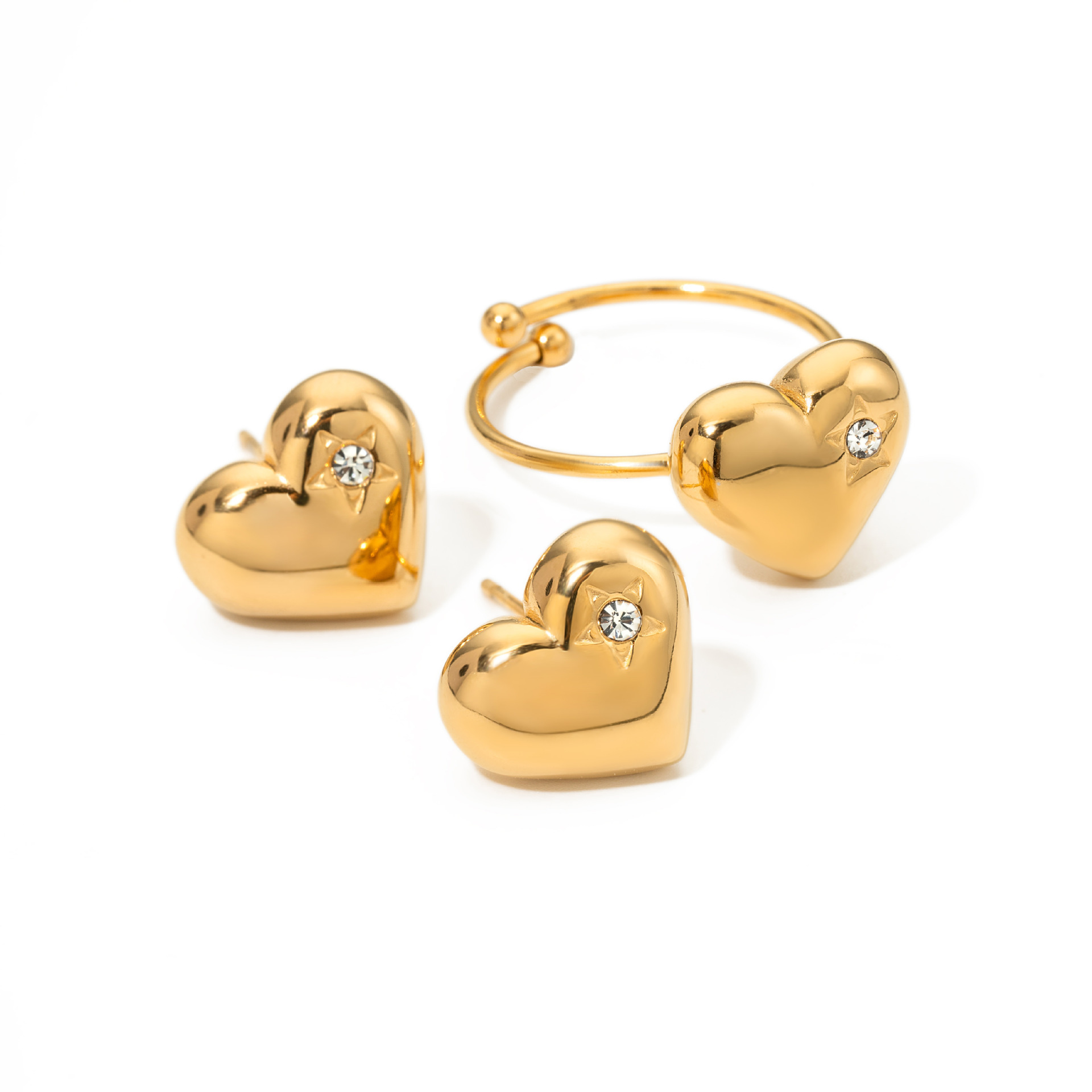 Sieradenset k gold oorstekers hart en ring elegant voor dames_voghion.com