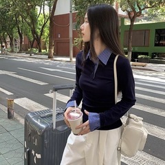 韩系格子拼接Polo领假两件针织衫女装早秋新款休闲设计感显瘦上衣