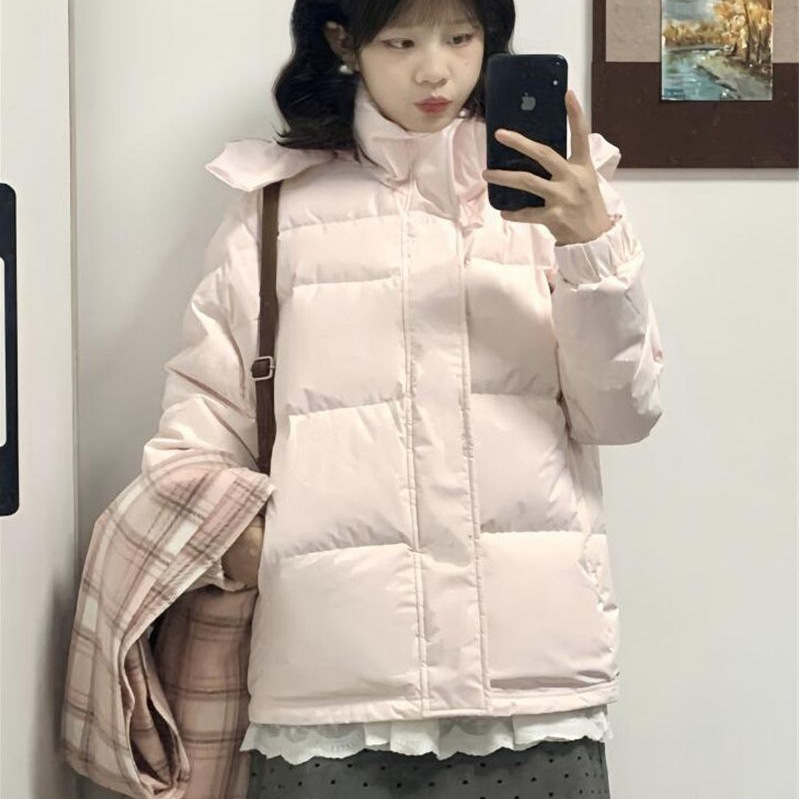Japanese-Style College Retro Light Pink Hooded down Jacket for Female Students, Winter Thickened Warm Puffer Jacket Trendy