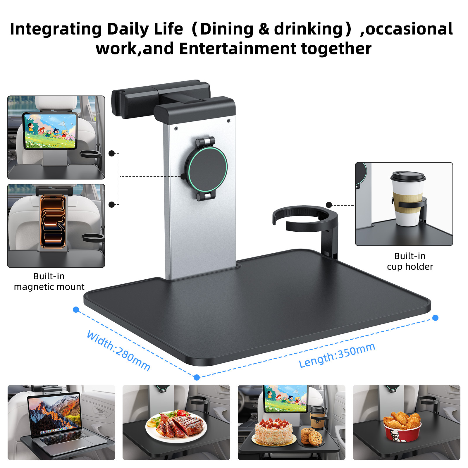 Aluminum Alloy Car Table Board, Car Magnetic Phone Holder, Rear Seat Dining Tray, Rear Water Cup Holder, Foldable Storage