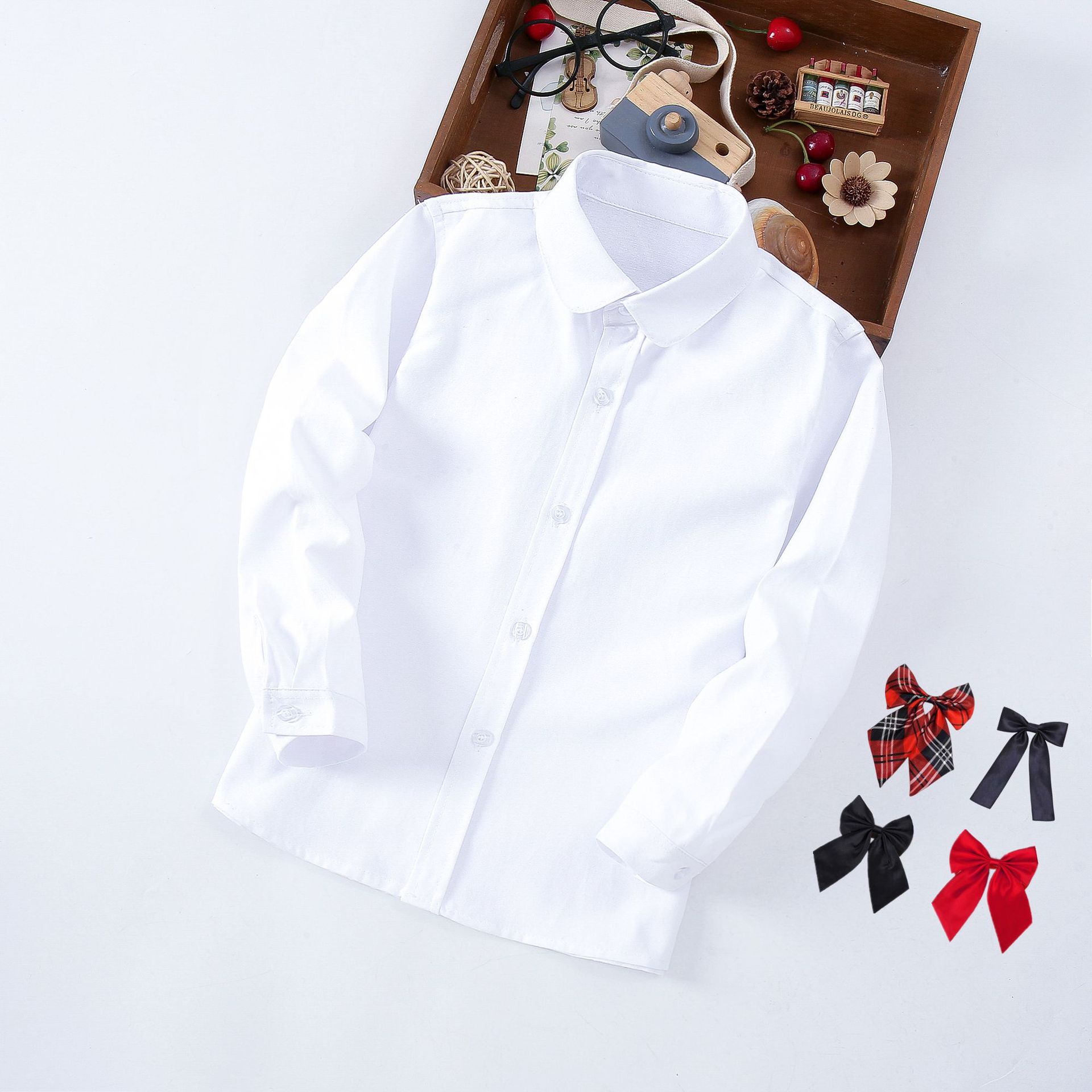 White long-sleeved round-neck blouse for girls, white school uniform for primary and middle school girls, long-sleeved children's shirt, factory direct sale