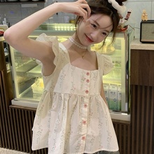 法式荷叶边背心小飞飞袖碎花小吊带衬衫女夏季短款娃娃衫无袖上衣