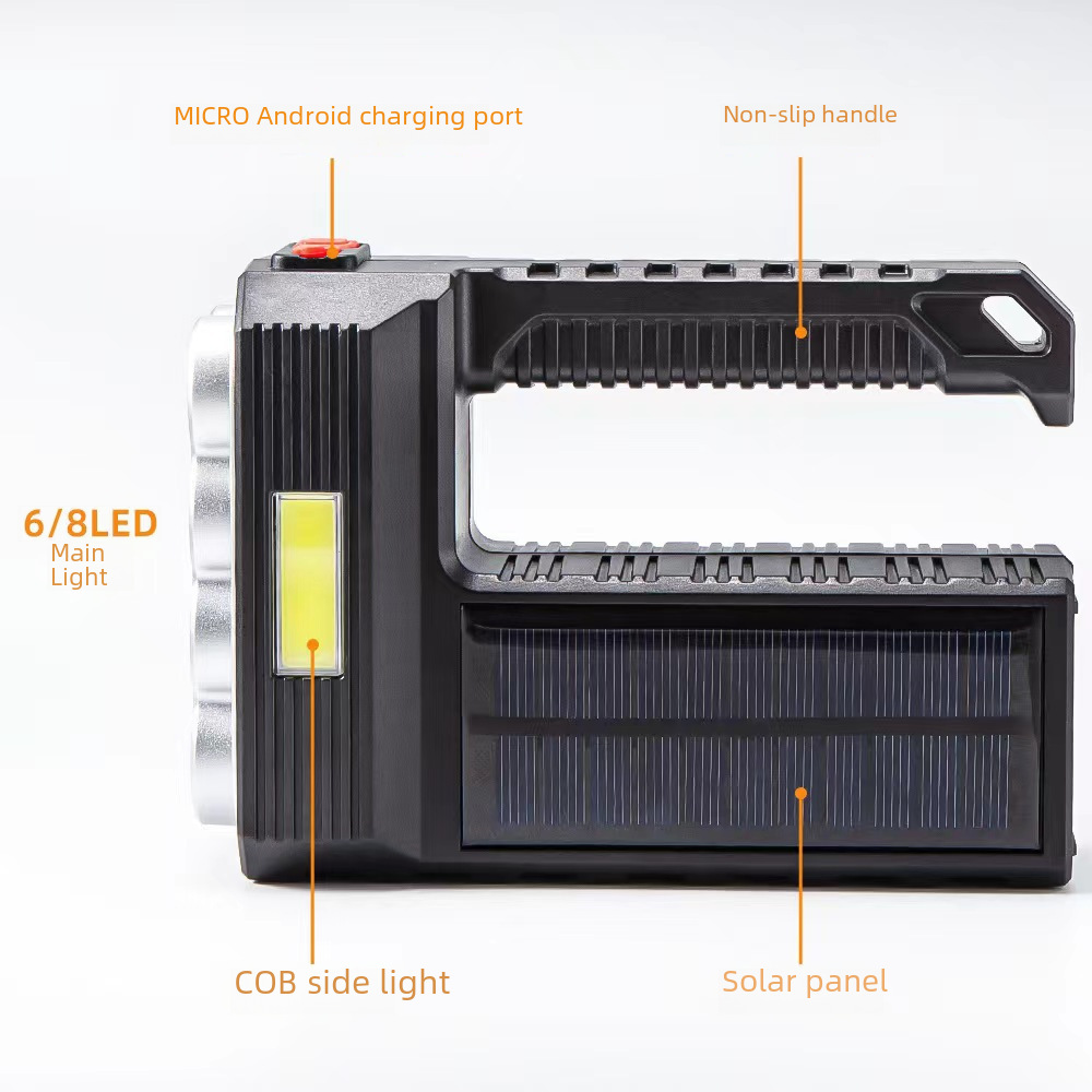 跨境新款太陽能8燈珠LED手提燈USB充電強光手電COB側燈便攜探照燈