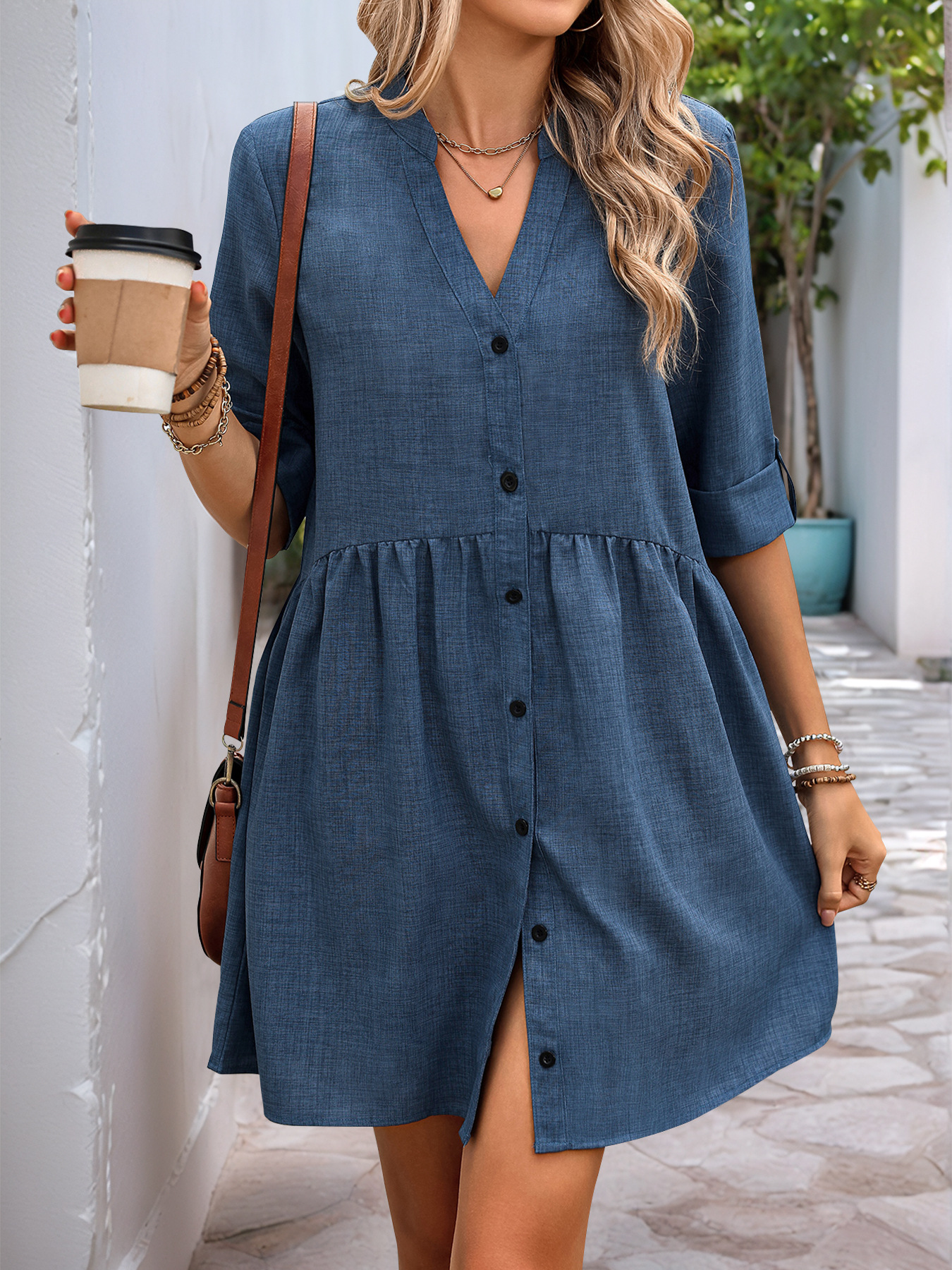 Summer Loose Dress Half Sleeve Solid Color V neck Dress