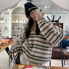 chic 韩版条纹羊羔毛+绒内里保暖加厚上衣