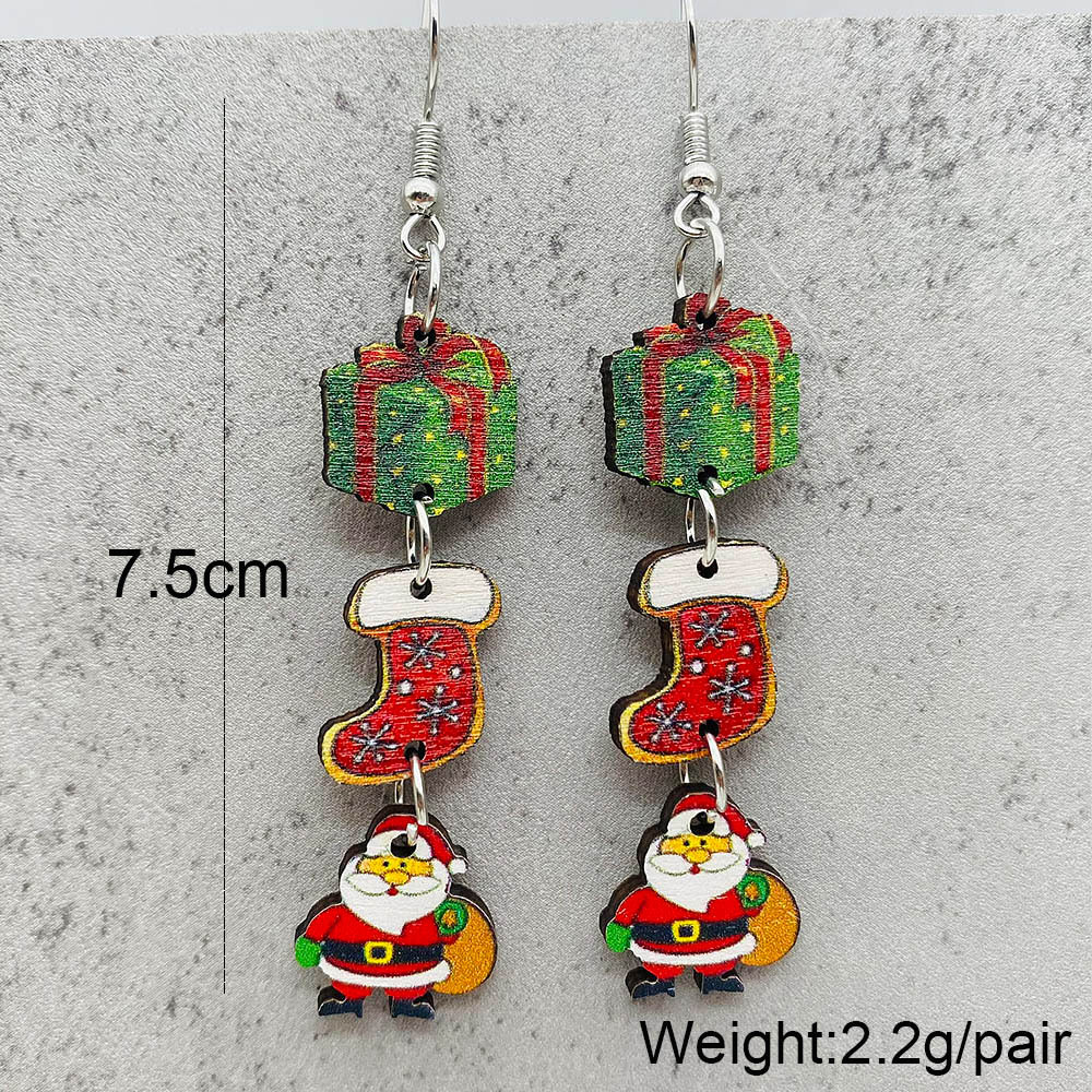 Wholesale Jewelry Cute Christmas Tree Christmas Socks Snowman Wood Drop Earrings display picture 2