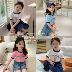2023 new summer girls' short-sleeved T-shirts, children's T-shirts for women, summer cartoon print collar, cuffs, color matching