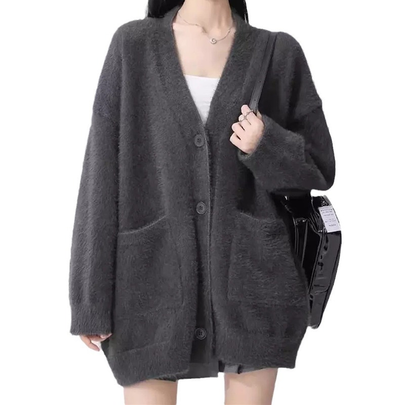 休闲慵懒风毛绒绒纯色外套秋冬季新款款宽松仿水貂绒女中长款开衫|undefined