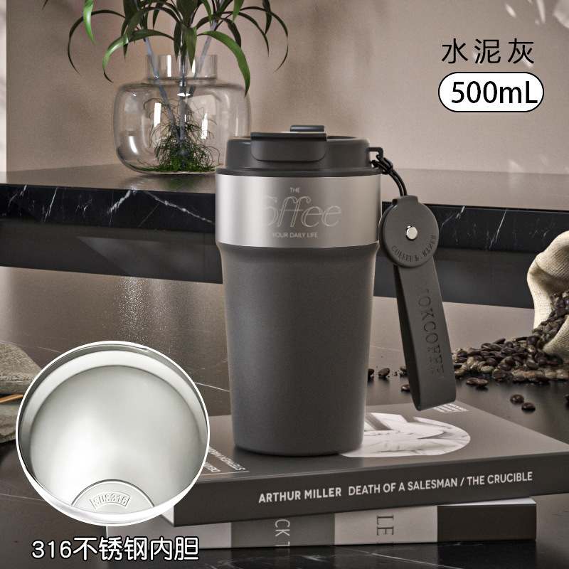 ポータブル二重飲み口コーヒーカップ、ビジネス用ロープ付き二重飲み口カップ、316ステンレス鋼内側スプレーコーティング断熱真空軽量カップ|undefined