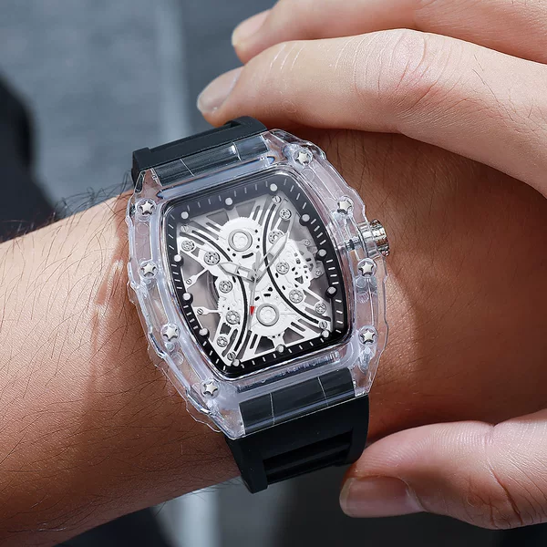 Cross-border best-selling fashion and personalized transparent hollow barrel-shaped men's watch with silicone strap and quartz movement