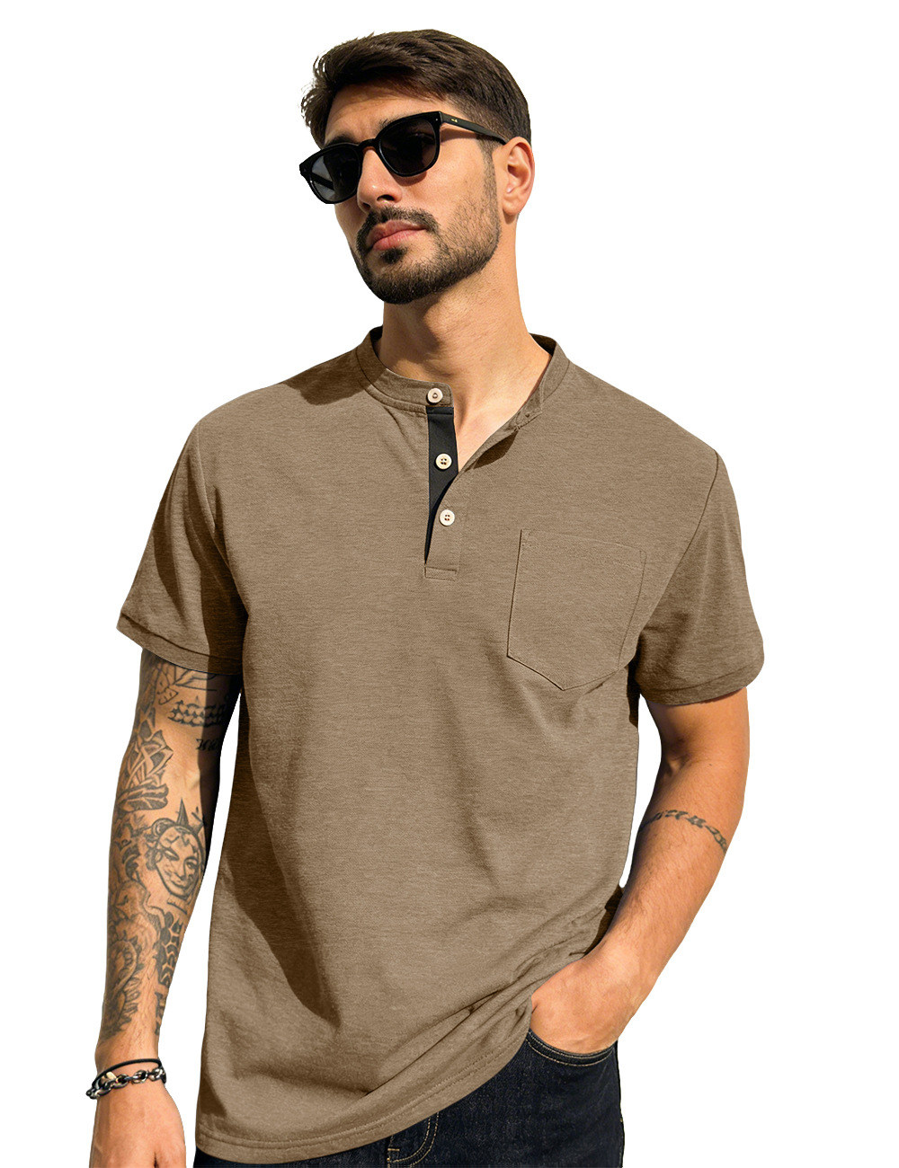 Estación independiente de verano hombre monocolor Henry polo camiseta superior americano casual comercio exterior camiseta de manga corta