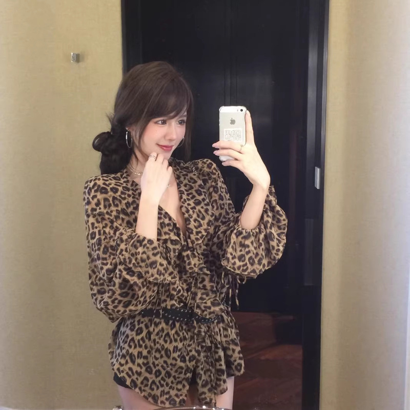 High-End Style Leopard Print Ruffled Flared Long-Sleeve Chiffon Shirt for Women, Autumn 2025 New Loose-Fitting Elegant Top