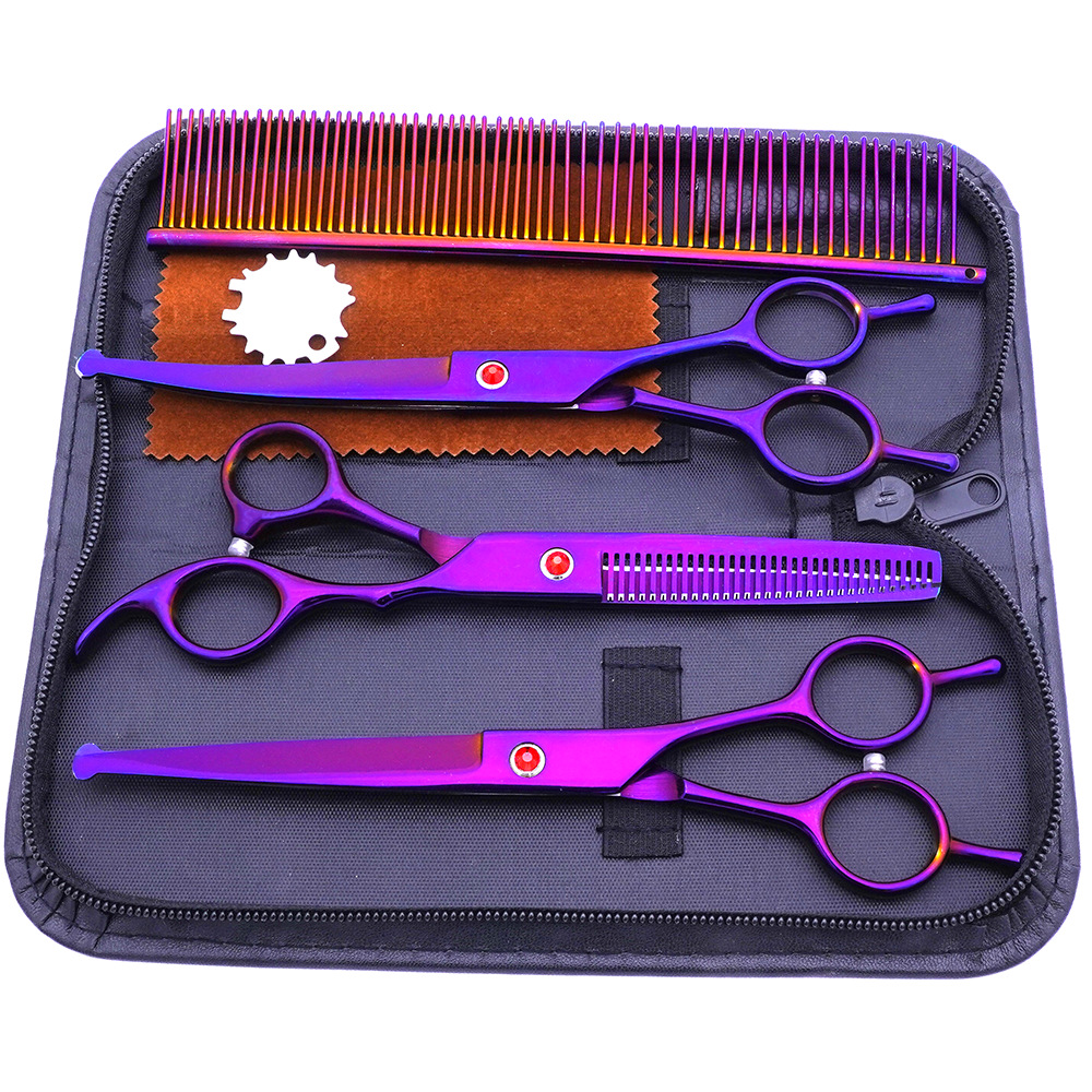 Fábrica directa de acero inoxidable mascotas belleza tijeras color cabeza redonda tijeras de diente fino tijeras pelo recorte curvo tijeras traje