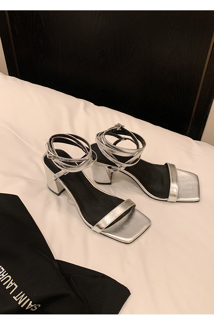 Sandal cao gót nữ hở mũi quai chân phong cách tiên nữ gót thô — Màu đen chi tiết 13