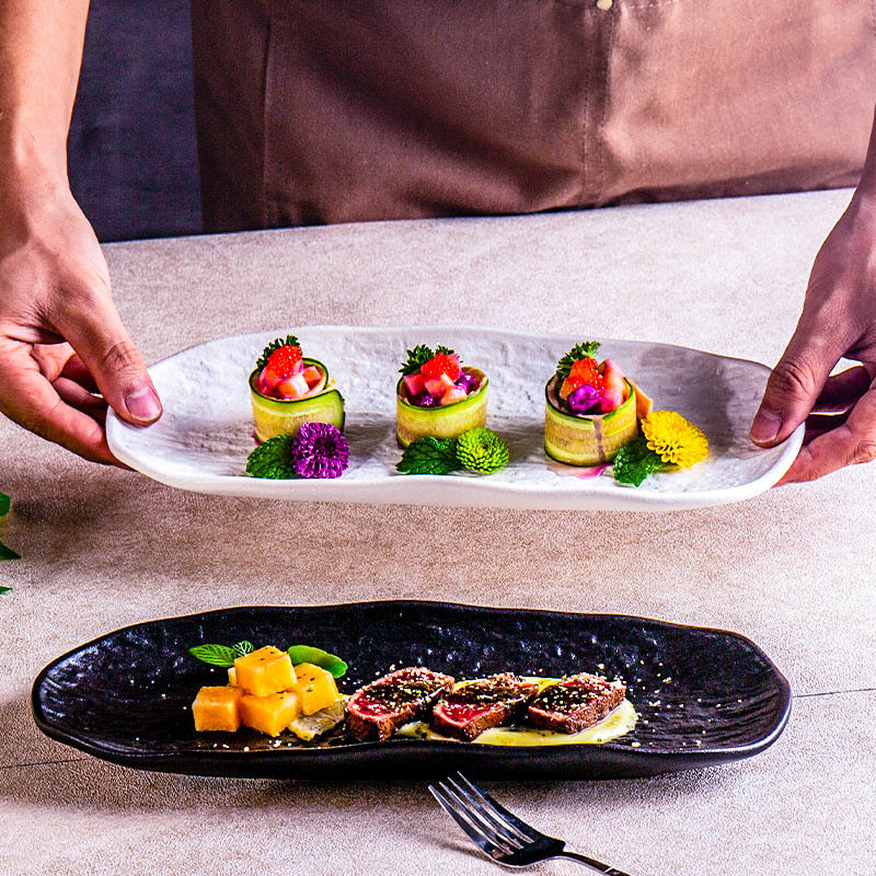 Matte White Black Rock Pattern Rectangular Plate