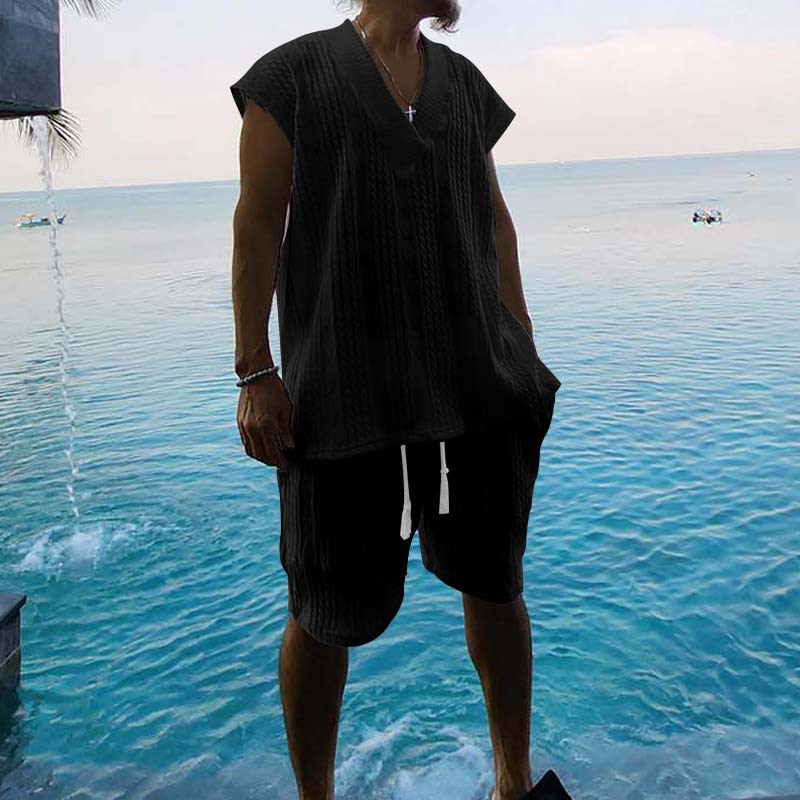 Men's Summer Jacquard Knit Short Sleeve Shirt And Shorts Set, Comfortable Casual Lounge Wear_viptrois.com