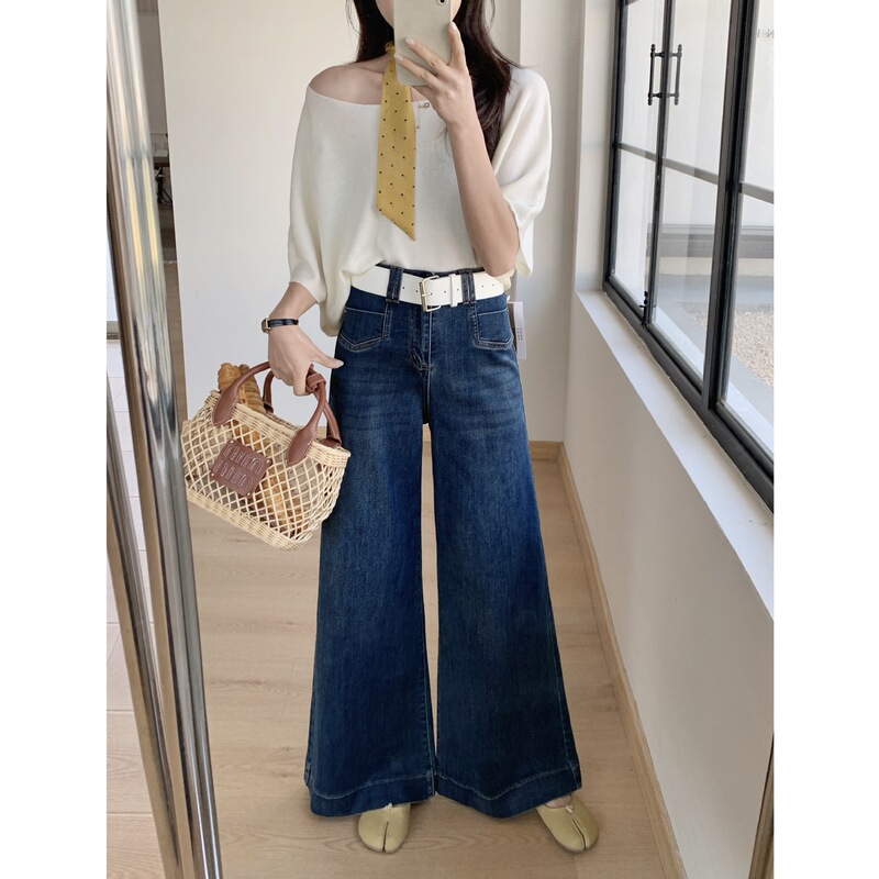实拍 秋季新款高腰弹力显瘦微喇牛仔裤女宽松显瘦阔腿裤长裤88721|undefined