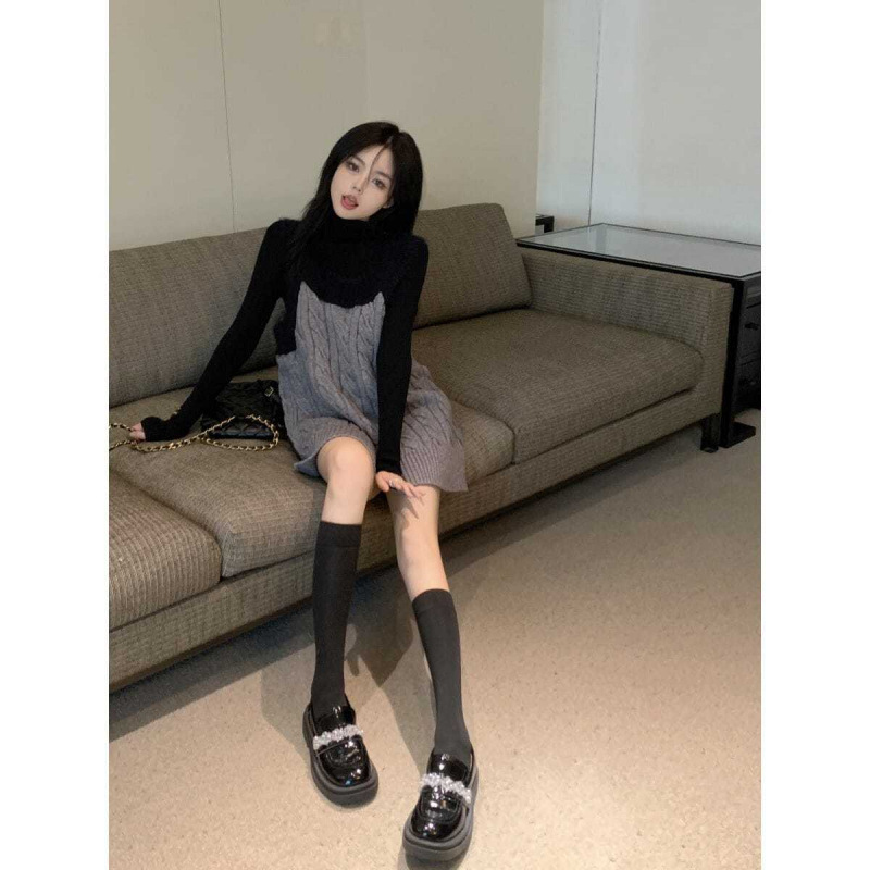 싱글 | 세트 겨울 바느질 느슨한 니트 슬링 원피스 터틀넥 슬림 핏 슬리밍 니트베이스 셔츠 탑