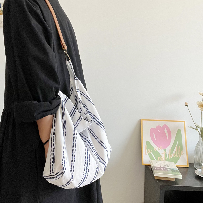 French Romantic Blue Striped Tote Bag - Niche Texture Commuter Shoulder Bag, Versatile Women's Leather Strap Underarm Bag - Thumbnail 3