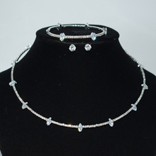 时尚单层锆石水钻珍珠项圈手镯耳钉套装新娘婚纱礼服配饰锁骨颈链