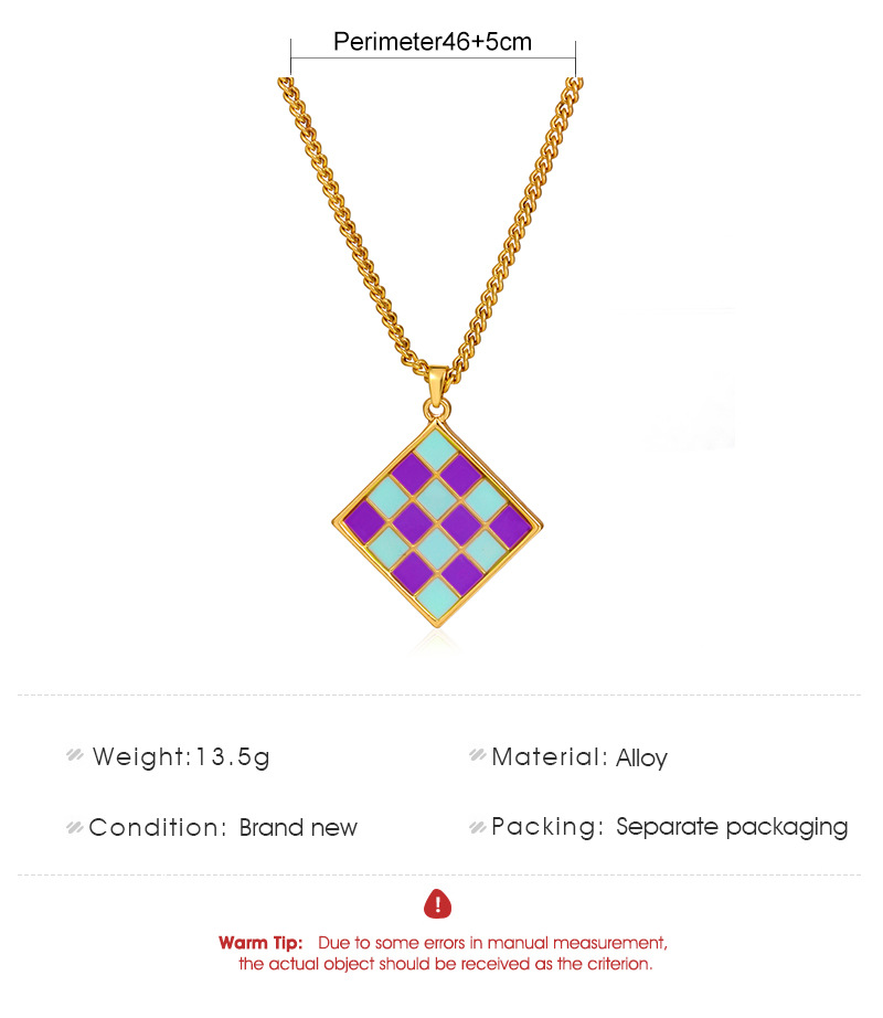 Cross-border New Geometric Square Pendant Necklace Color Dripping Oil Checkerboard Clavicle Chain Necklace display picture 1