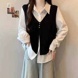 胖MM韩系宽松设计感遮肚子假两件小香风马甲衬衫女显瘦衬衣A10176