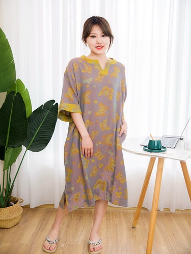 Short-sleeved V-neck skirt retro double-sided dyed woven girl summer national style dyed woven skirt mid-length home skirt 100% cotton can be worn outside