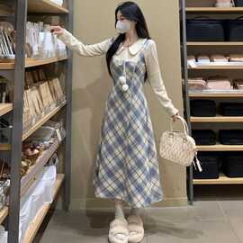 秋冬穿搭假两件拼接娃娃领连衣裙遮肉设计感长袖气质收腰格纹长裙