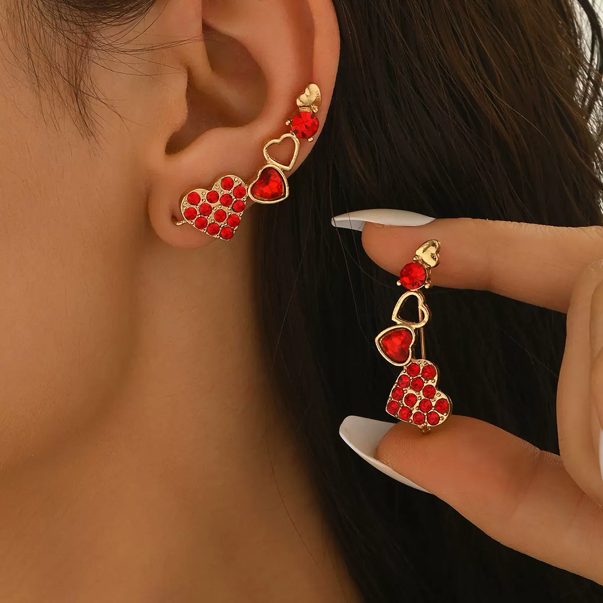 TEMU跨境热卖优雅复古轻奢爱心镶钻耳钉拼接爱心高级感耳饰女