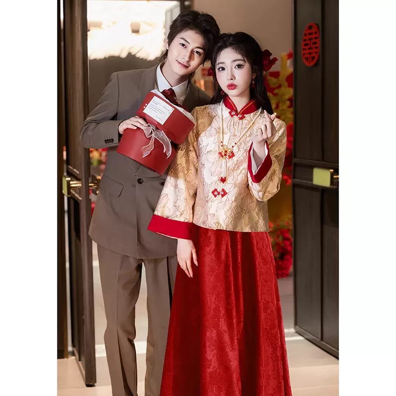 新中式红色旗袍敬酒服孕妇套装大码胖mm秀禾订婚礼服回门长袖秋冬