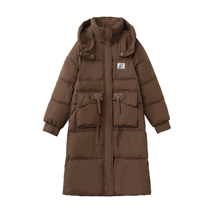 2025 invierno nuevo largo estilo coreano suelto chaqueta de pluma de algodón para mujeres laca engrosada chaqueta de algodón con capuz