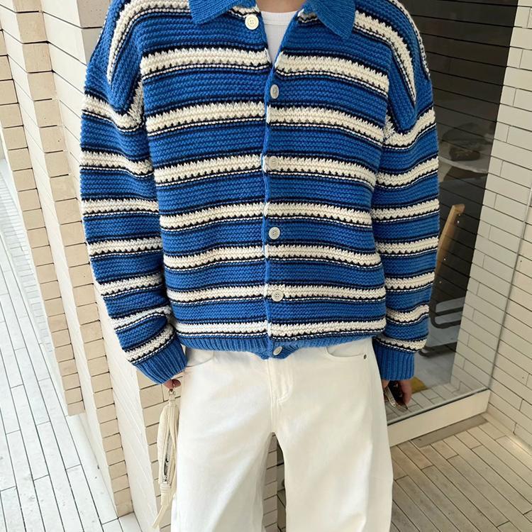感设计宽松韩版毛衣外搭男秋冬开衫2025新款条纹针织衫外套轻熟风|undefined