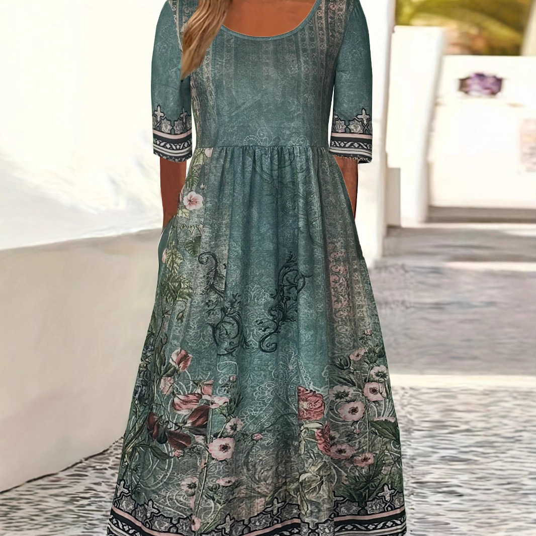 Summer Women's Fashion Crew Neck Short Sleeve Long Skirt Bohemian Dress Women_ecoleips.com